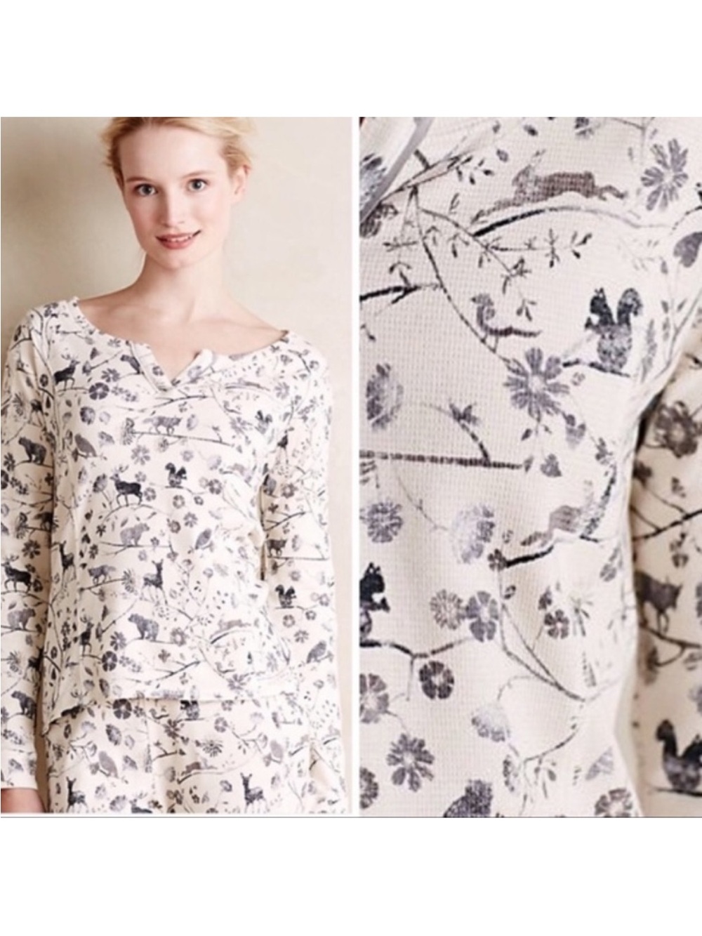 Anthropologie E by Eloise Floral Woodland Animal Thermal Pajama Set S / M - Picture 2 of 11